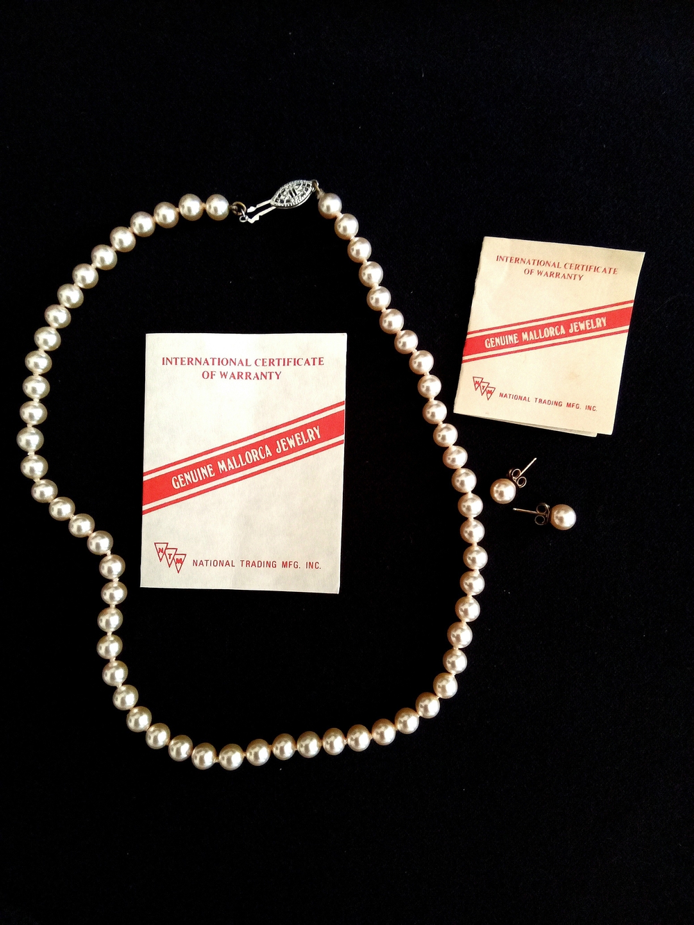 Geniune Authentic Mallorca Pearl Post Stud Earrings & Necklace Choker Set Silver